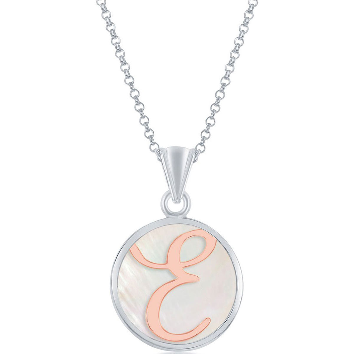 Classic Women's Pendant - Sterling Silver MOP and Rose Gold E Script Initial | K-8606