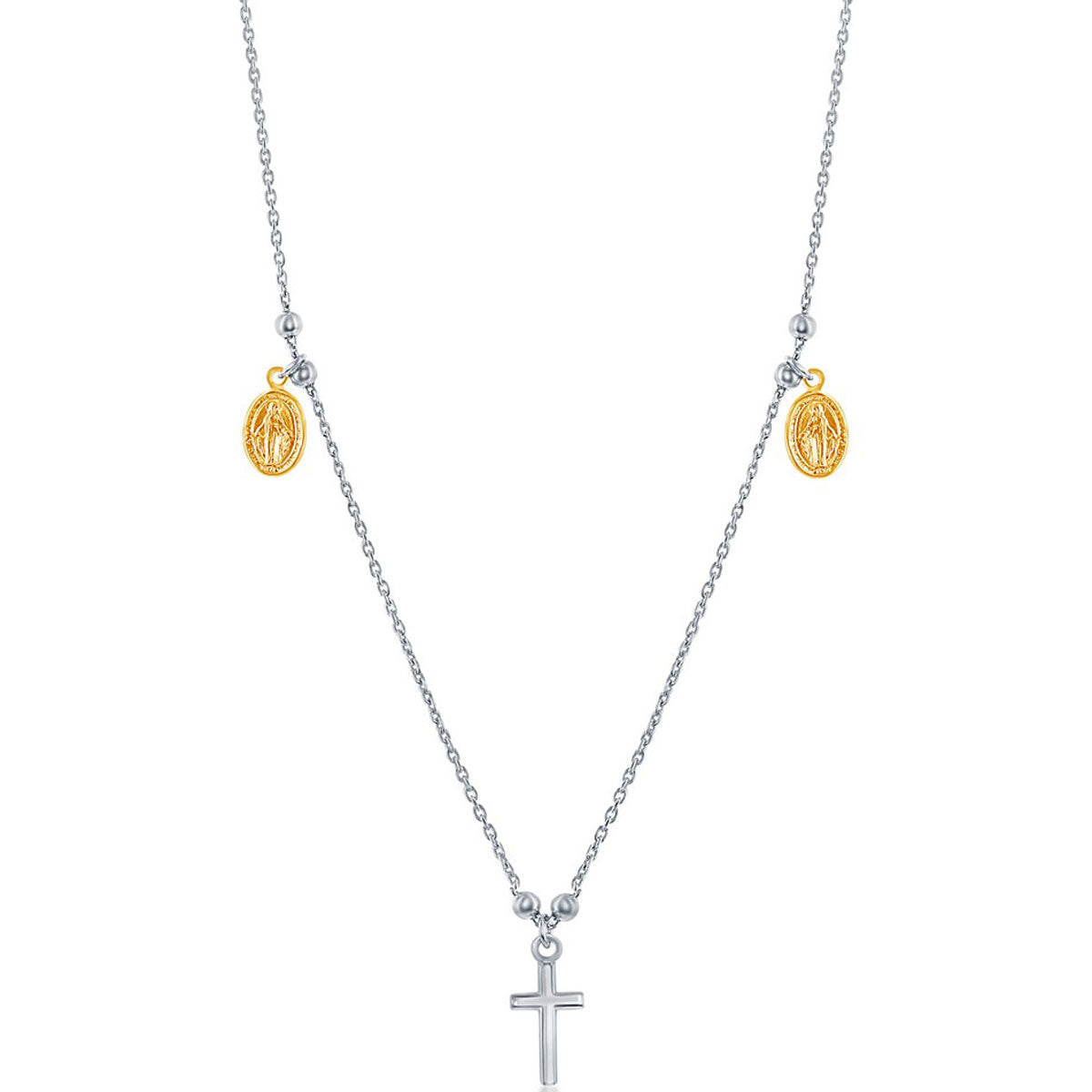 Classic Women's Necklace - Sterling Silver Small Cross with Gold Medals | L-3691