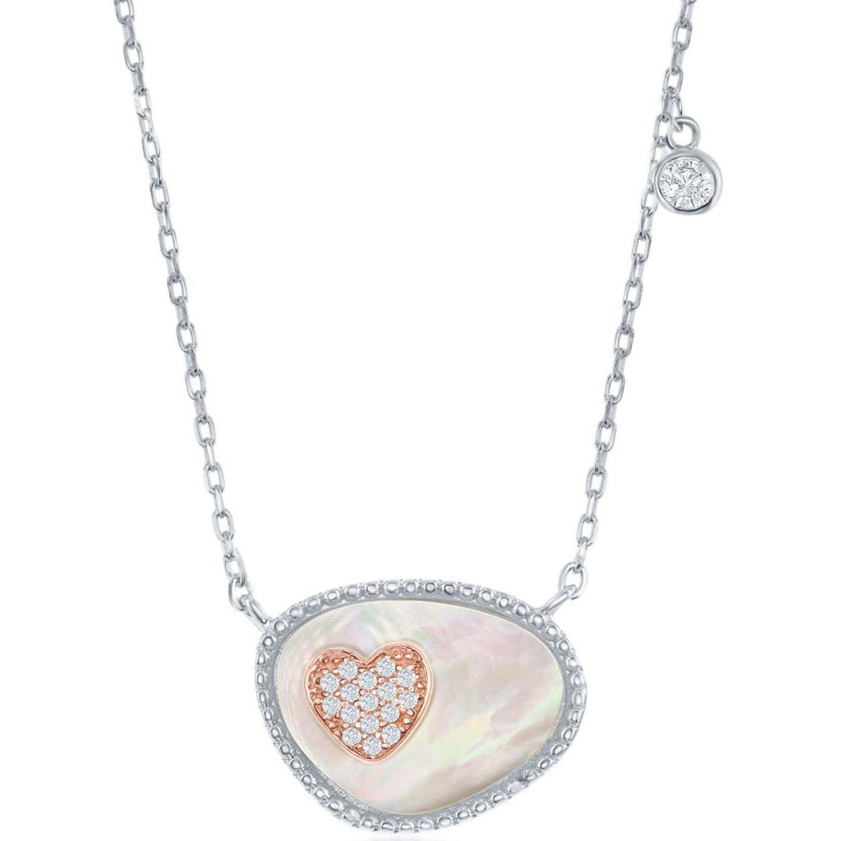 Classic Women's Necklace - Sterling Silver Oval MOP and Rose Gold CZ Heart | M-5791