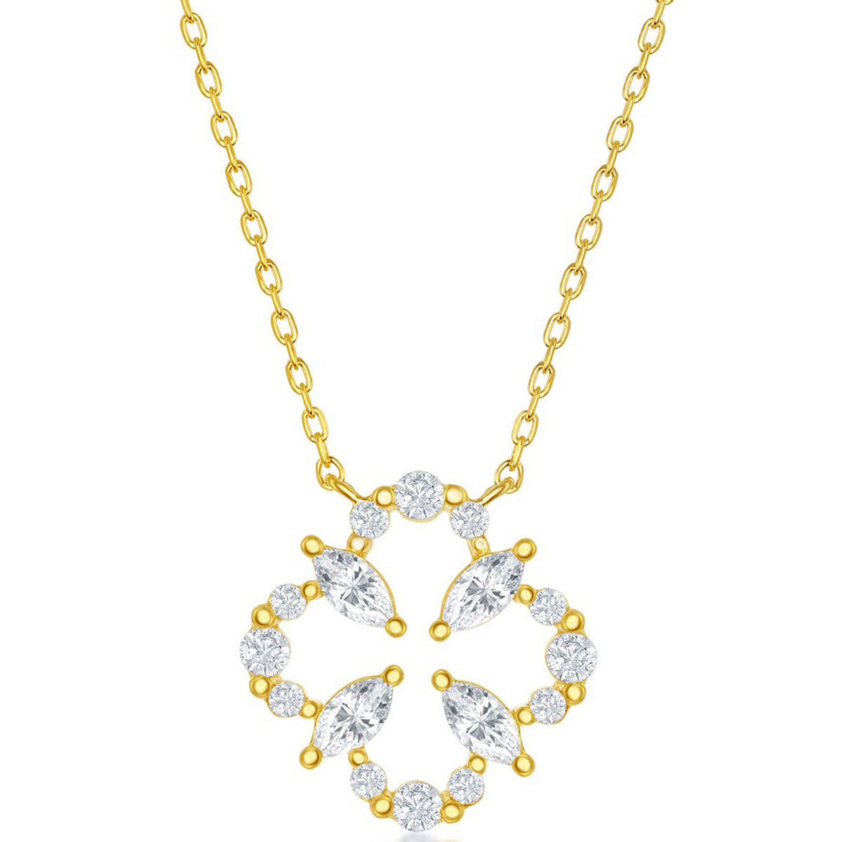 Classic Women's Necklace - Sterling Silver Gold Plated Flower Design CZ | M-6594-GP