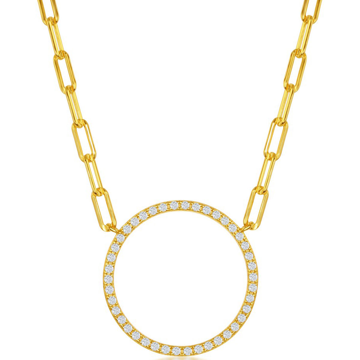 Classic Women's Necklace - Gold Plated Circle of Life Paperclip White CZ | M-6614-GP