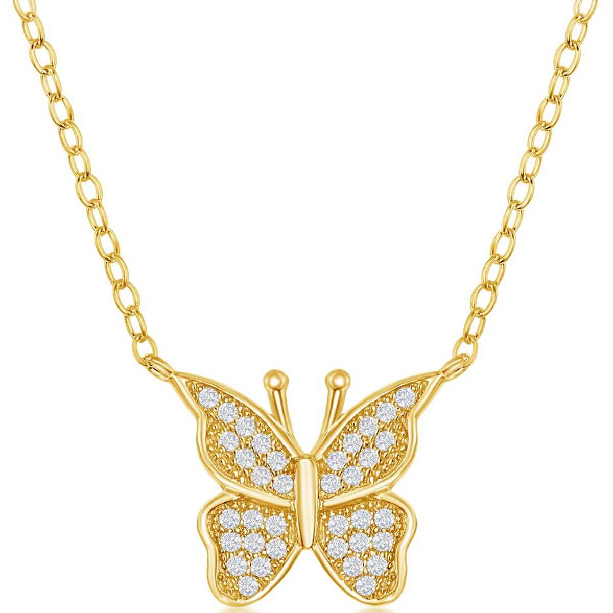 Classic Women's Necklace - Sterling Silver Gold Micro Pave CZ Butterfly | M-6639-GP