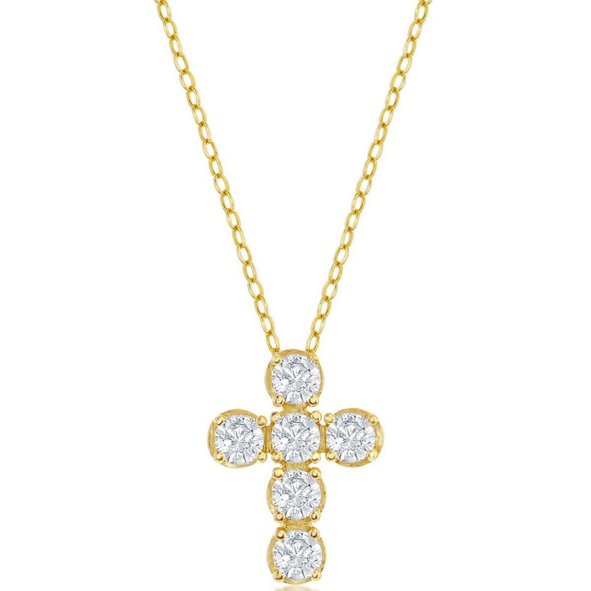 Classic Women's Necklace - Sterling Silver Gold Plated CZ Cross Design | M-6640-GP