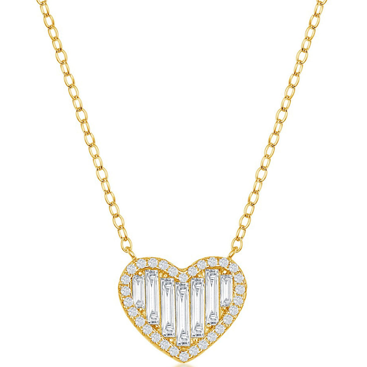 Classic Women's Necklace - Gold Plated Round and Baguette White CZ Heart | M-6645-GP