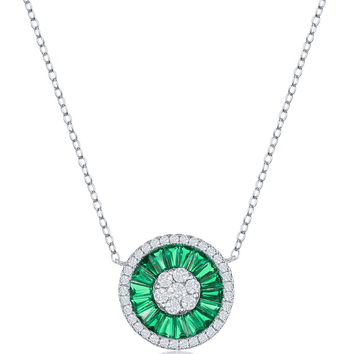 Classic Women's Necklace - Silver White CZ and Emerald CZ Baguette Circle | M-6648
