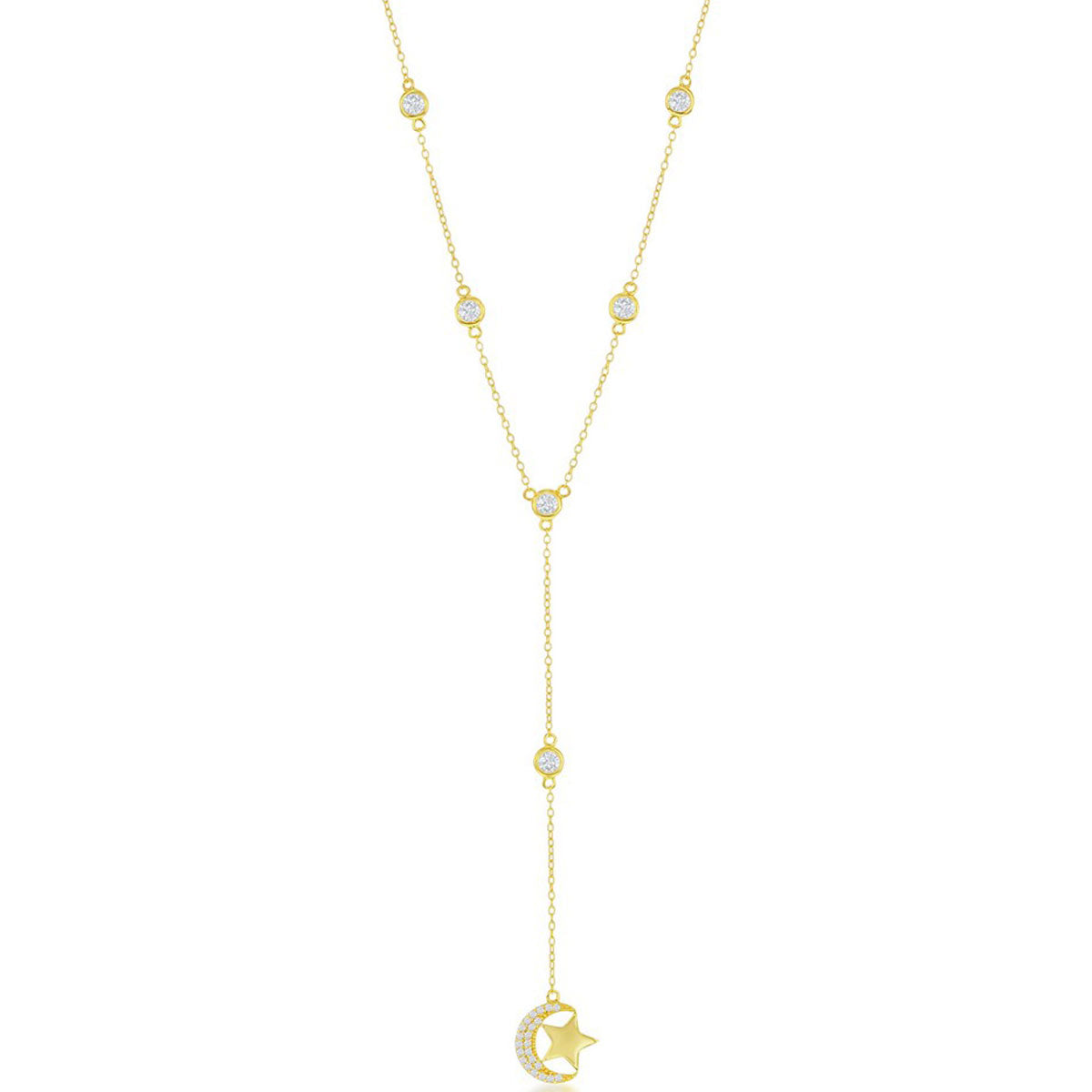 Classic Women's Necklace - Gold Bezel-Set CZ By the Yard Moon and Star | M-6651-GP