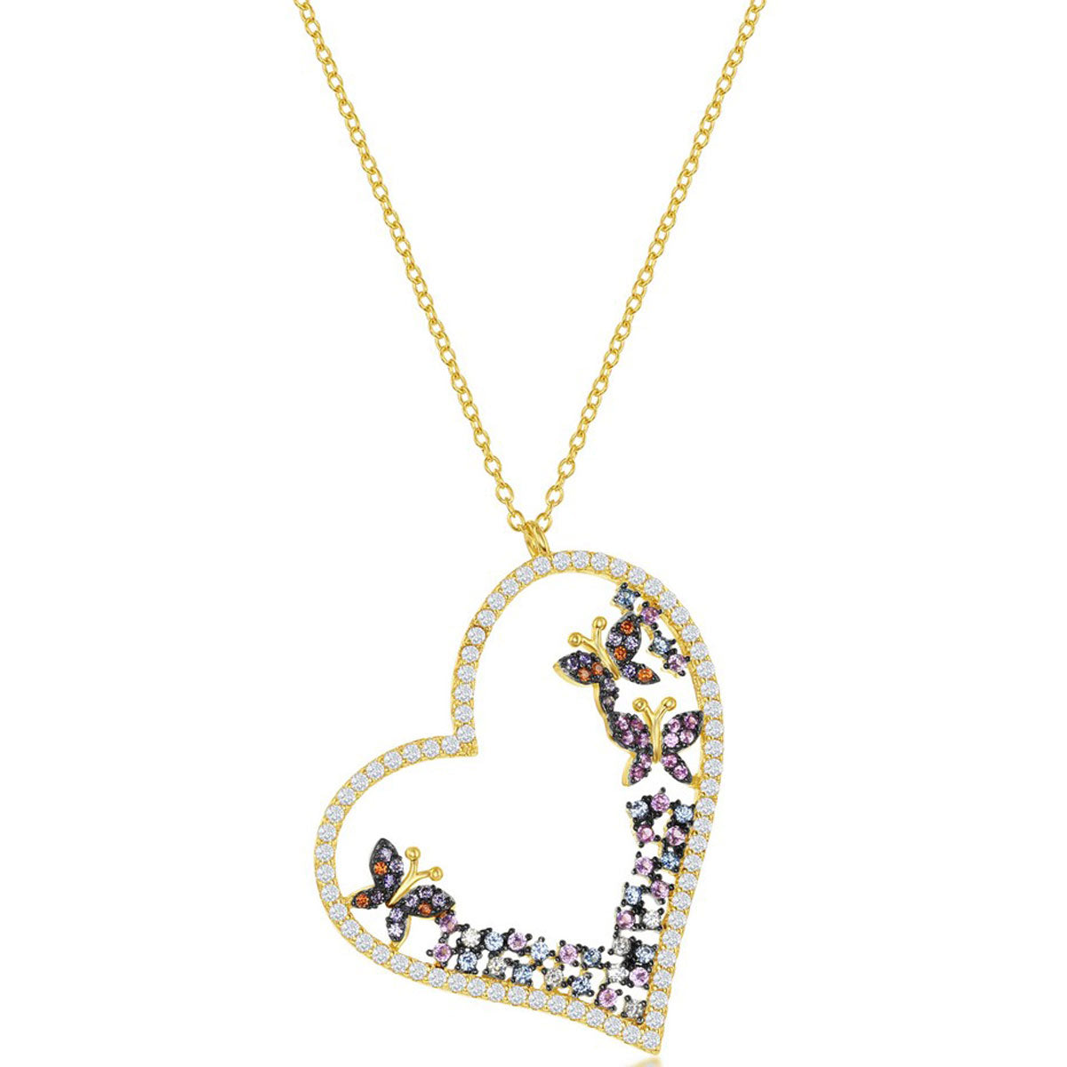 Classic Women's Necklace - Gold Tone Multicolor CZ Heart and Butterflies | M-6663-GP