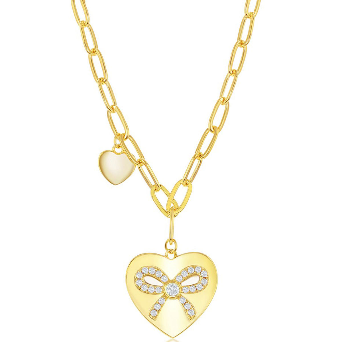 Classic Women's Necklace - Gold Plated Heart with CZ Ribbon Paperclip | M-6664-GP