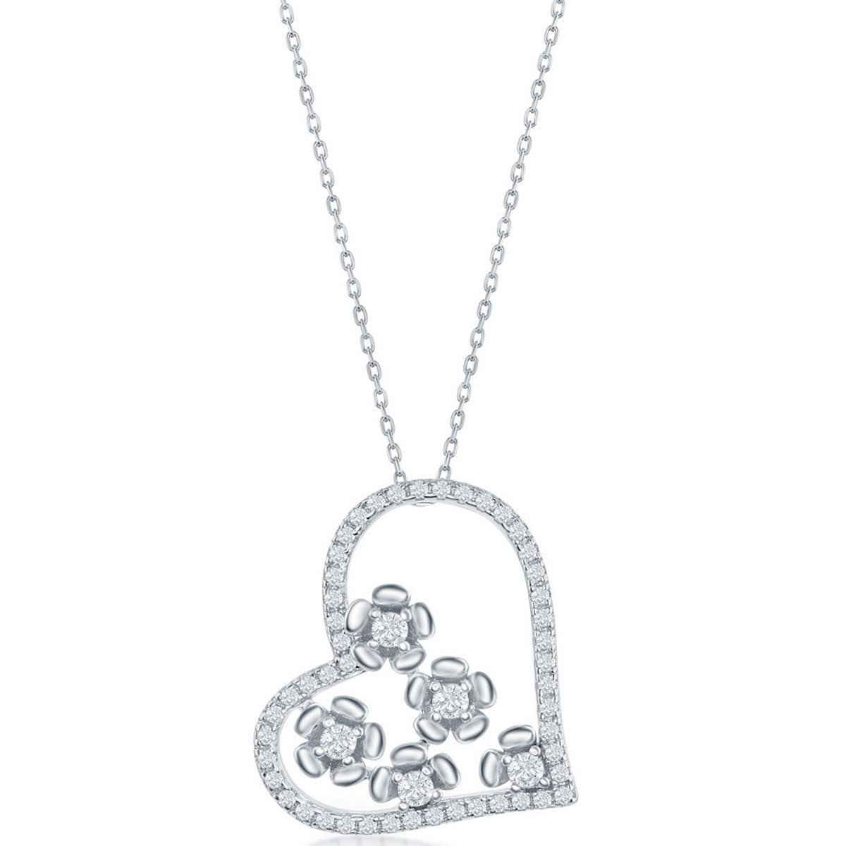 Classic Women's Necklace - Sterling Silver CZ Heart and Flowers Design | M-6665