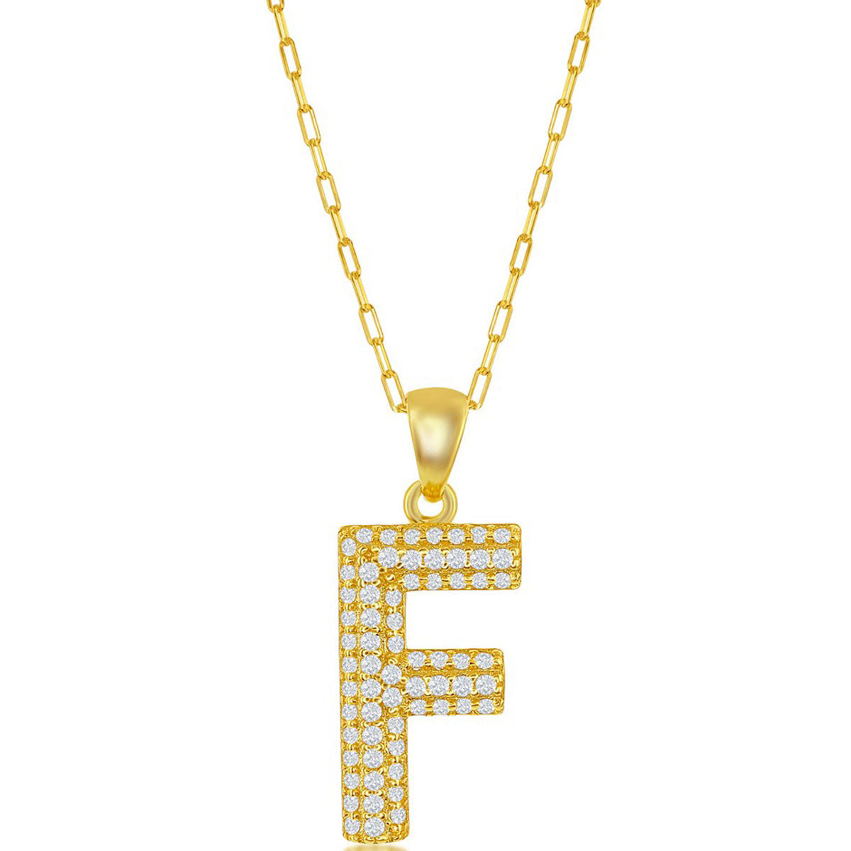 Classic Women's Necklace - Gold Tone Pave CZ F Initial with Paperclip Chain | M-6702
