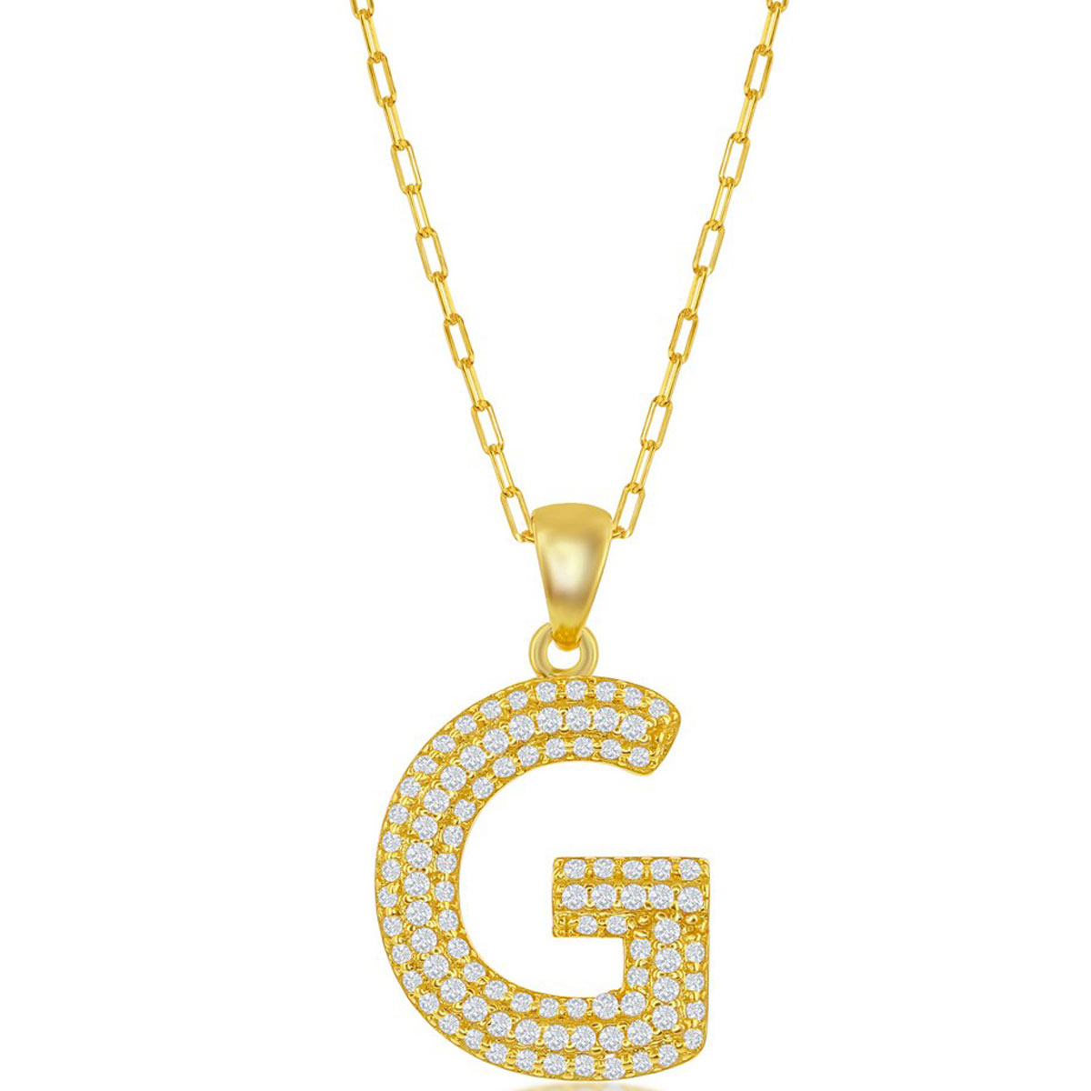Classic Women's Necklace - Gold Tone Pave CZ G Initial with Paperclip Chain | M-6703