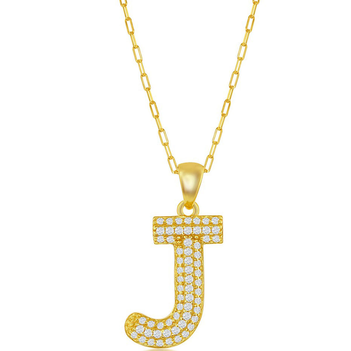 Classic Women's Necklace - Gold Tone Pave CZ J Initial with Paperclip Chain | M-6706
