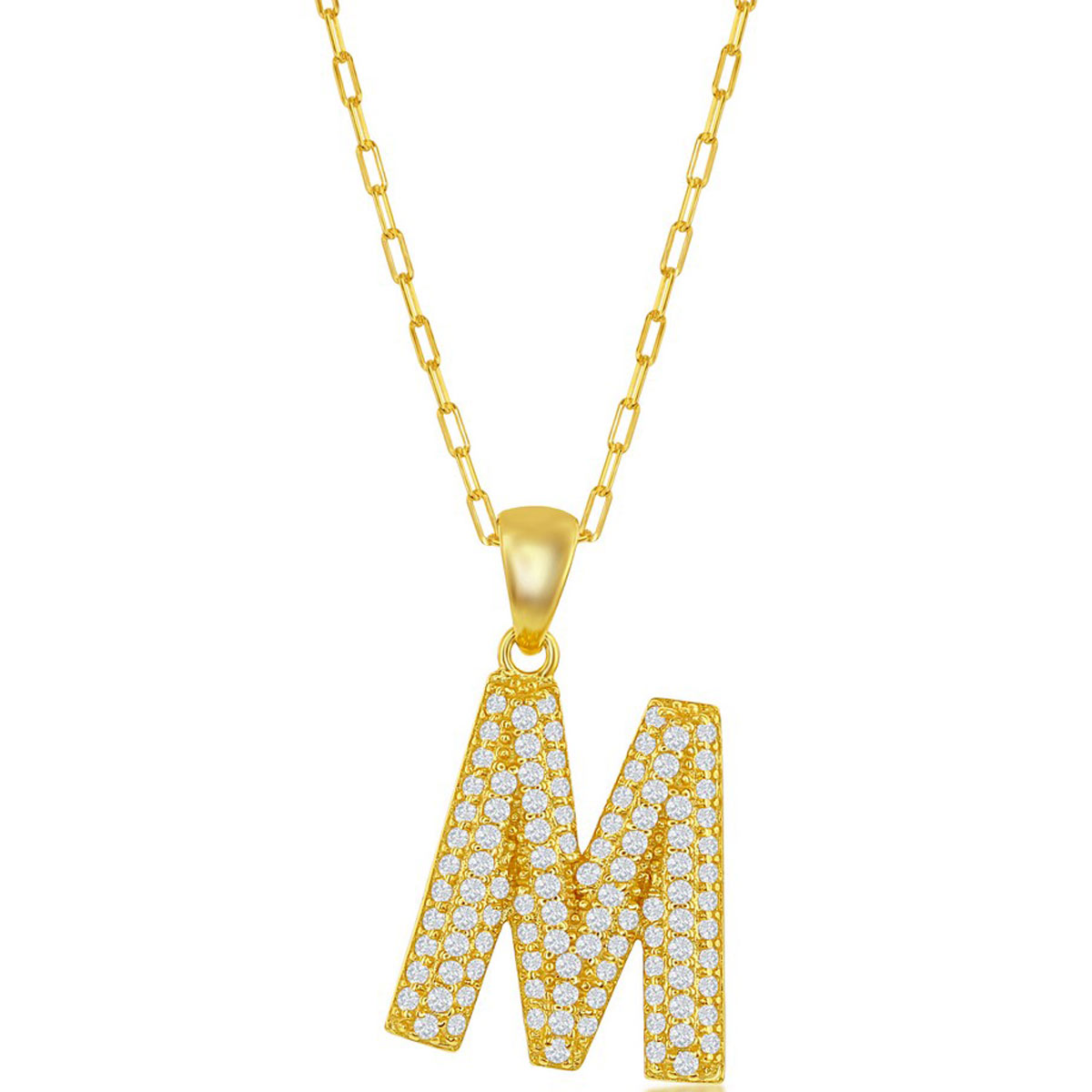 Classic Women's Necklace - Gold Tone Pave CZ M Initial with Paperclip Chain | M-6709
