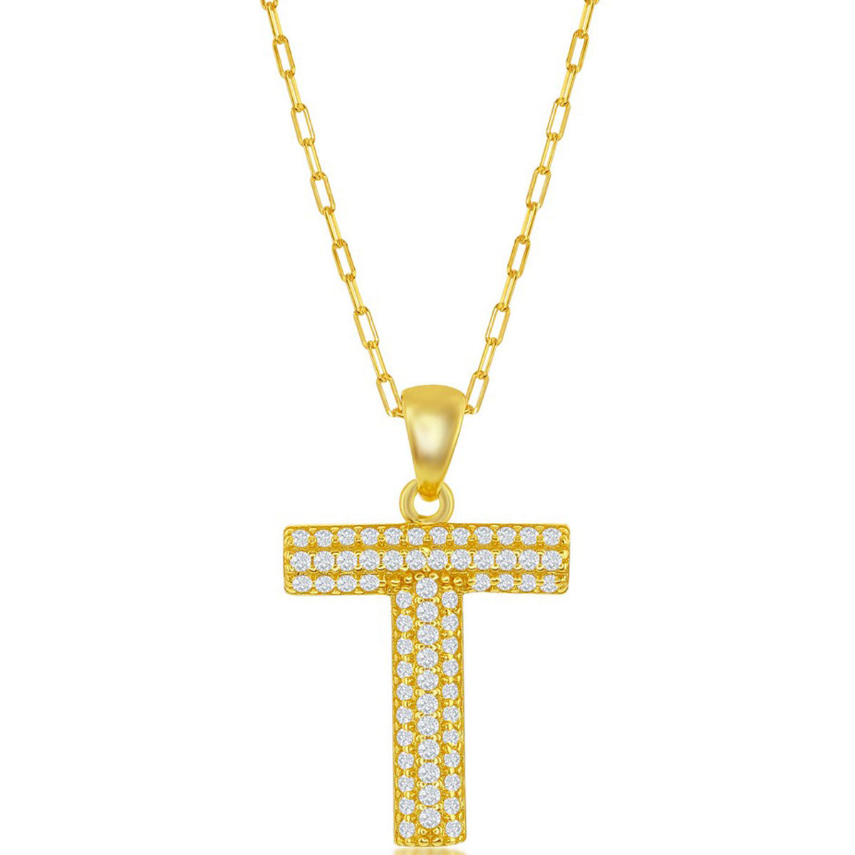 Classic Women's Necklace - Gold Tone Pave CZ T Initial with Paperclip Chain | M-6716