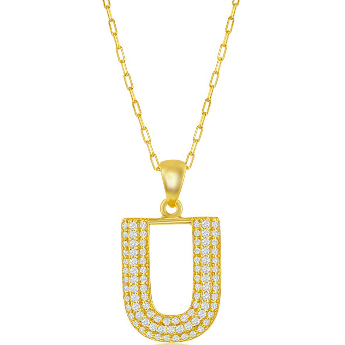 Classic Women's Necklace - Gold Tone Pave CZ U Initial with Paperclip Chain | M-6717