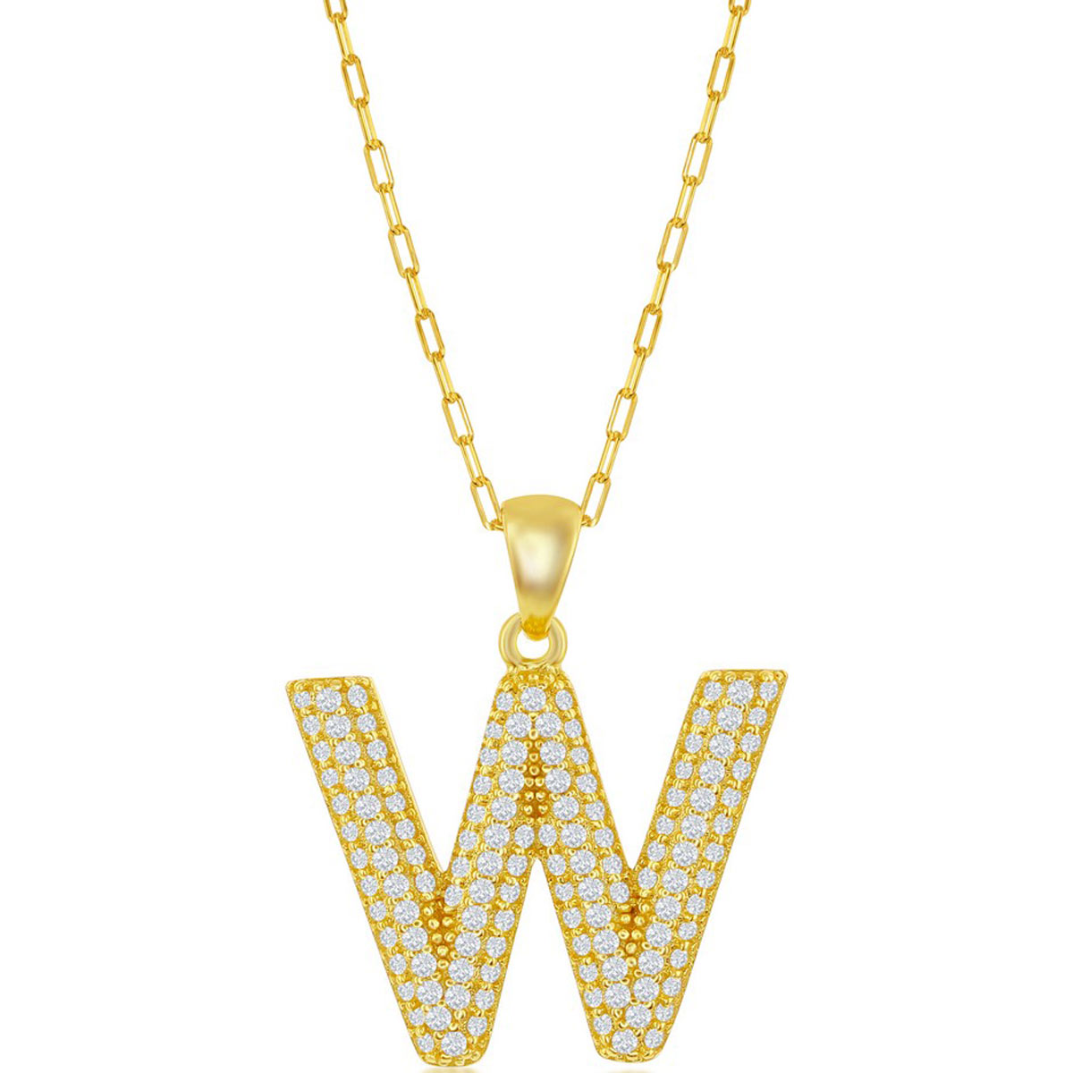 Classic Women's Necklace - Gold Tone Pave CZ W Initial with Paperclip Chain| M-6719