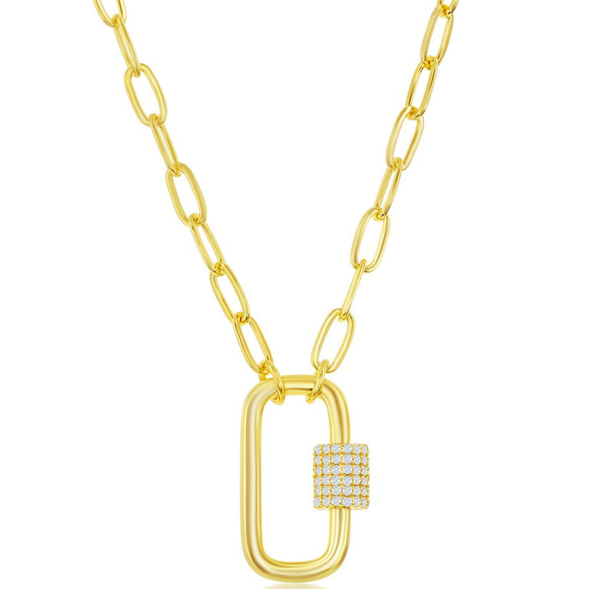 Classic Women's Necklace - Gold Micro Pave CZ Oval Carabiner Paperclip | M-6725-GP