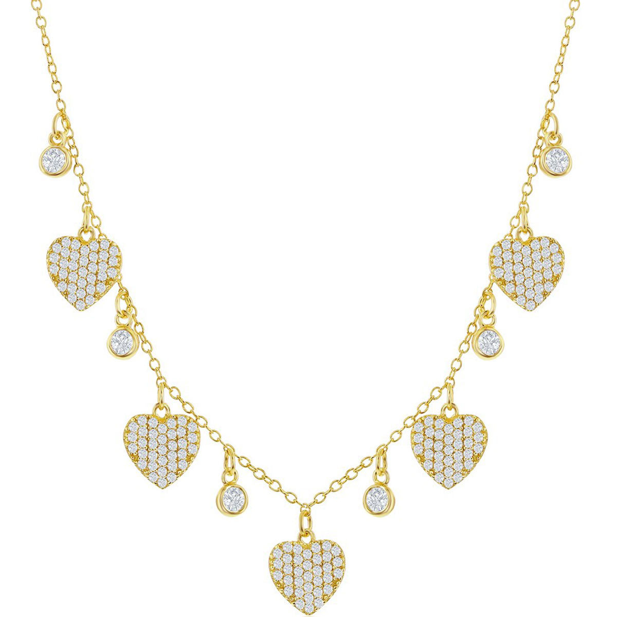 Classic Women's Necklace - Gold Plated Sterling Silver Round and Heart CZ | M-6810-GP