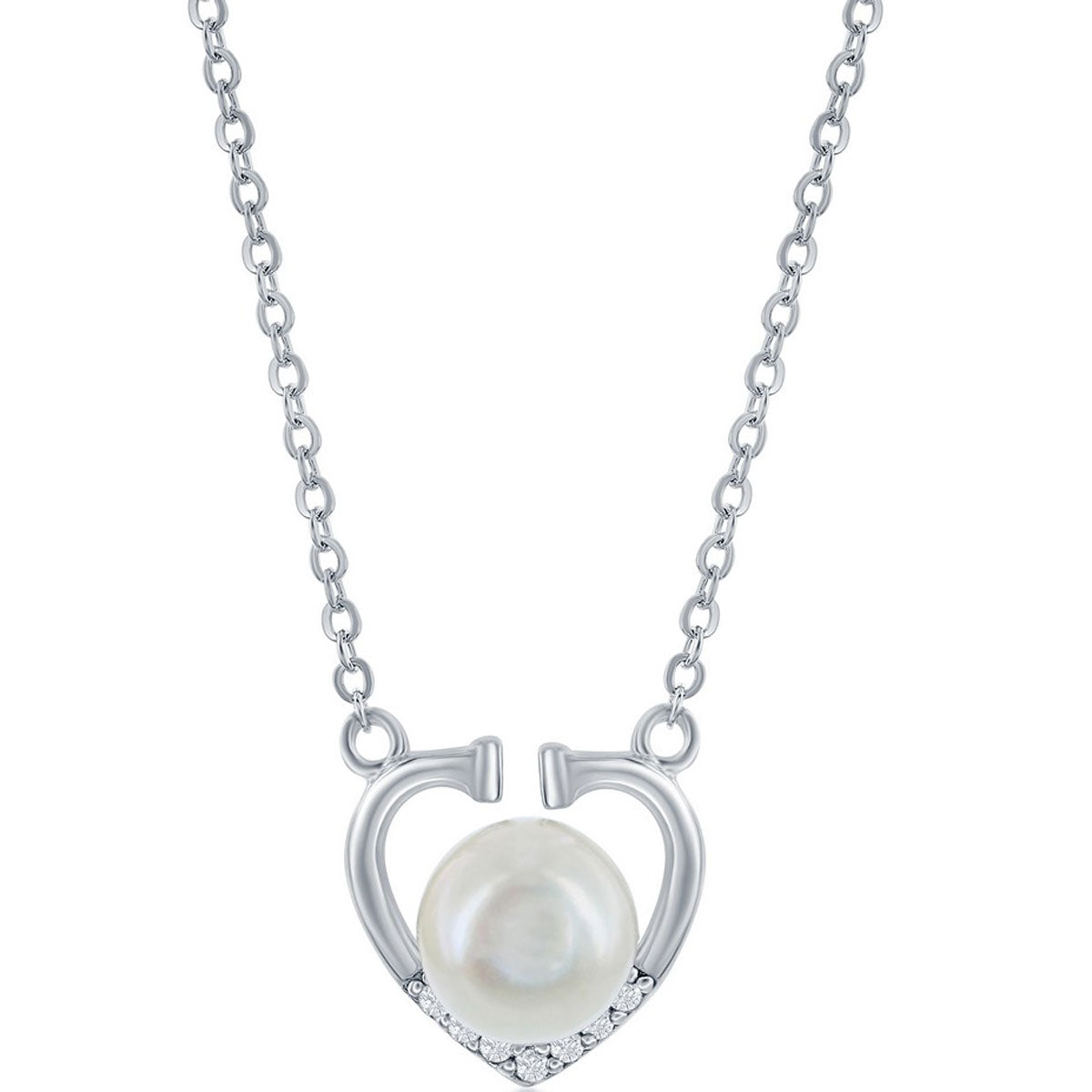 Classic Women's Necklace - Sterling Silver Round FWP with CZ Heart | M-6870