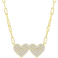 Classic Women's Necklace - Gold Plated Sterling Double Heart CZ Paperclip | M-6968
