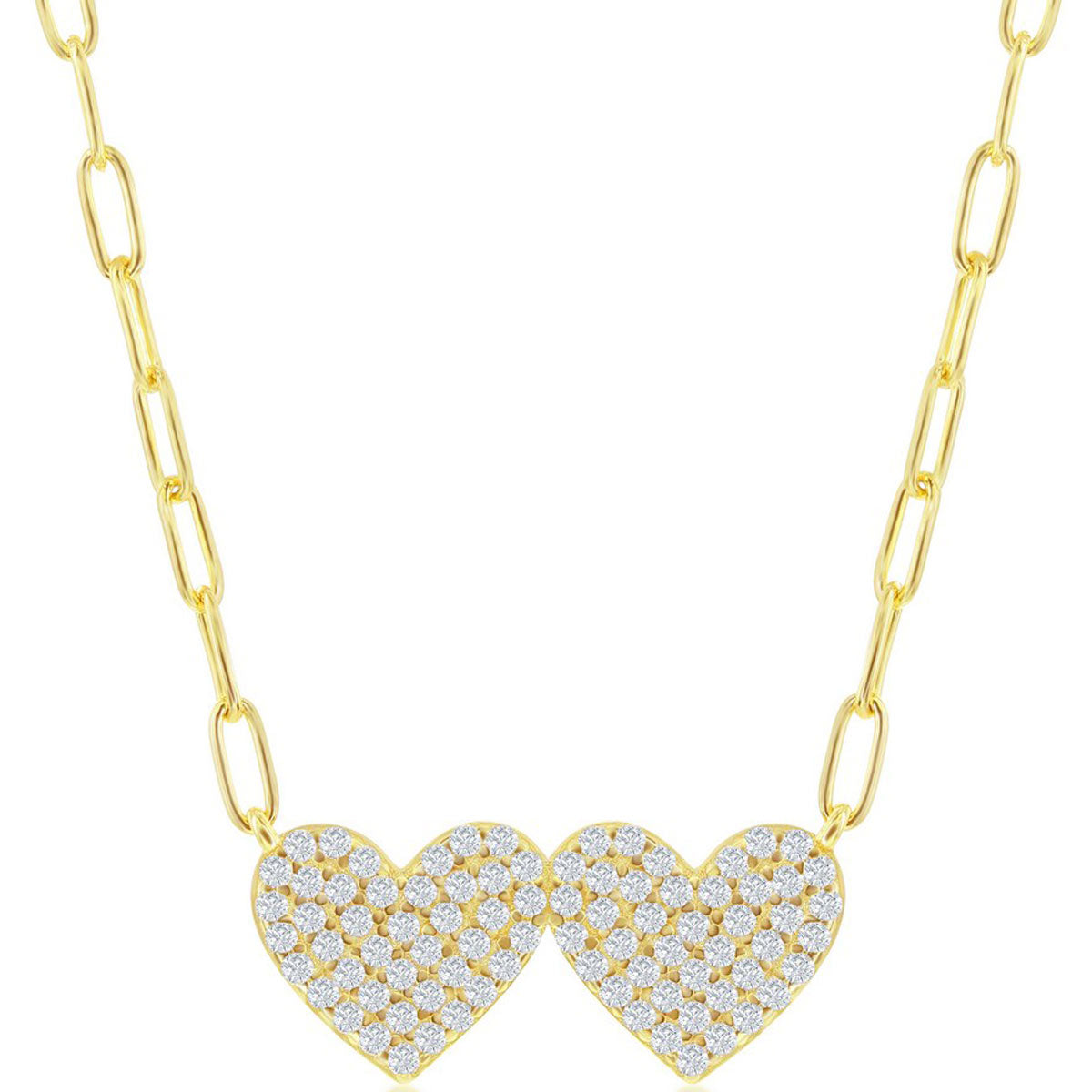 Classic Women's Necklace - Gold Plated Sterling Double Heart CZ Paperclip | M-6968