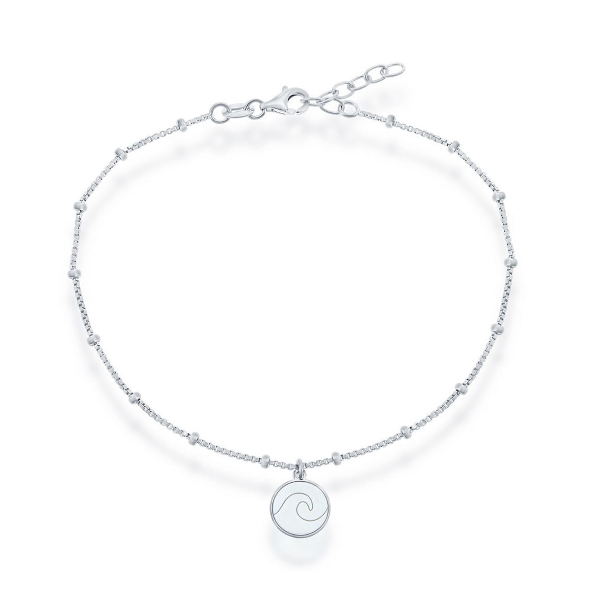 Classic Women's Anklet - Sterling Silver Beaded with Wave Disc | R-9226
