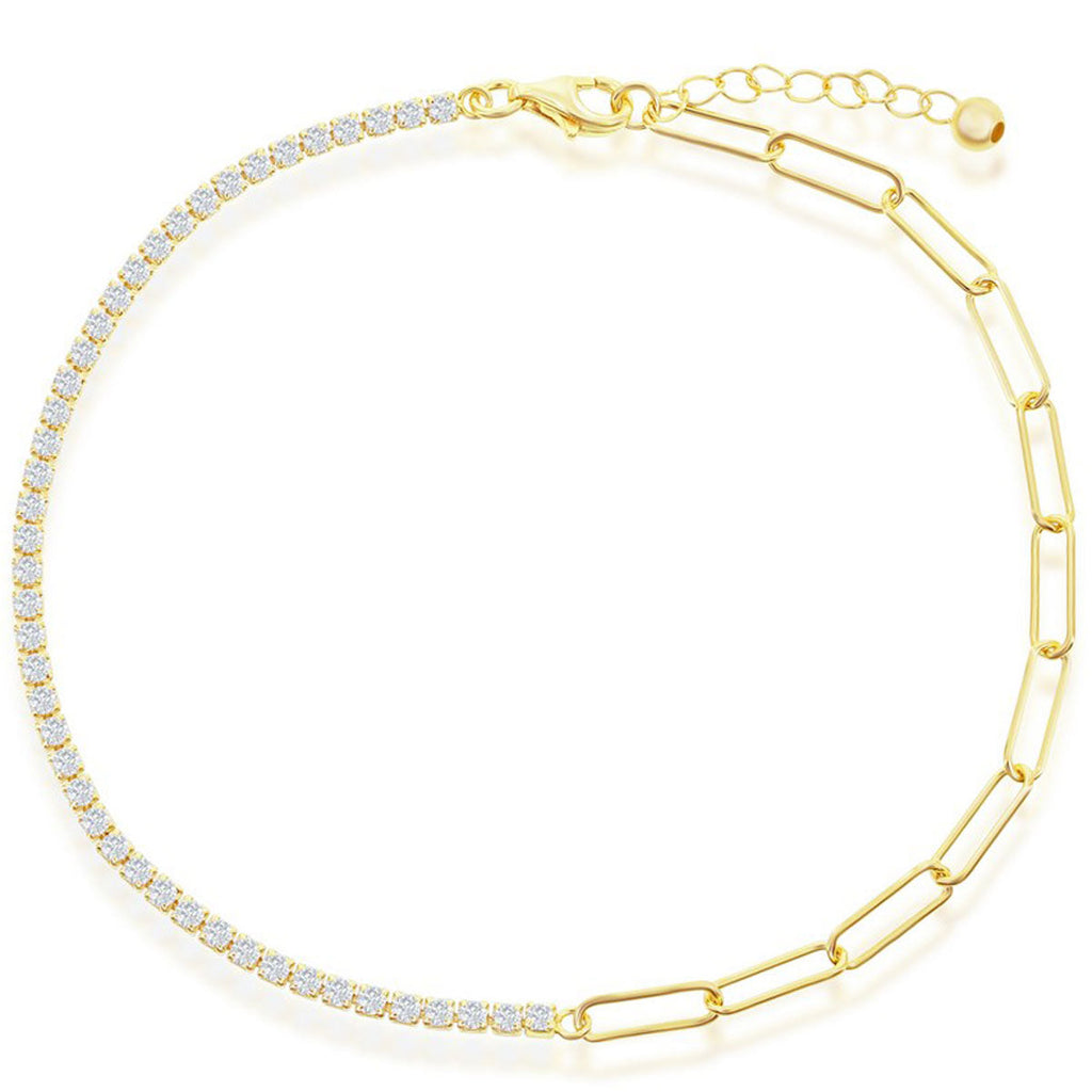 Classic Women's Anklet - GP Sterling Half Tennis and 3.5mm Paperclip | R-9268-GP