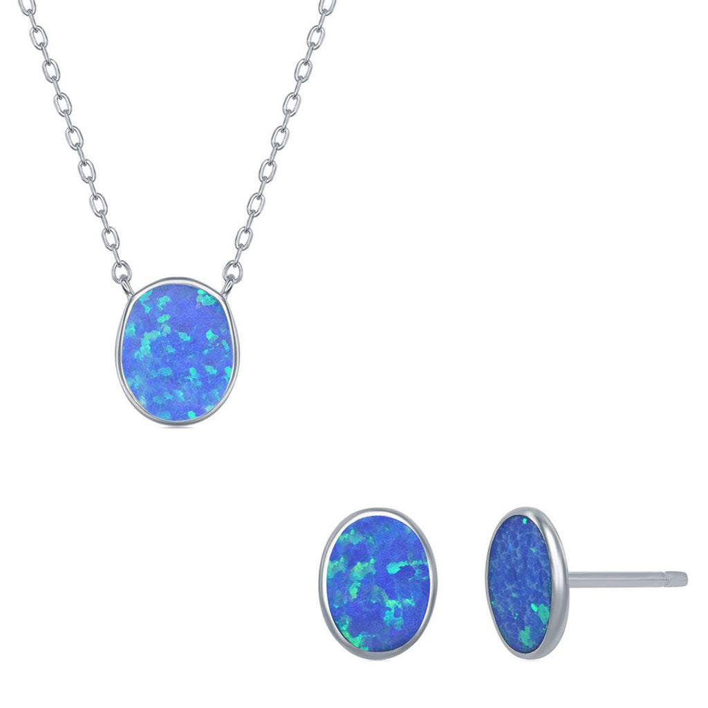 Women's Necklace and Earrings Set - Sterling Blue Inlay Opal Disc | SET-581
