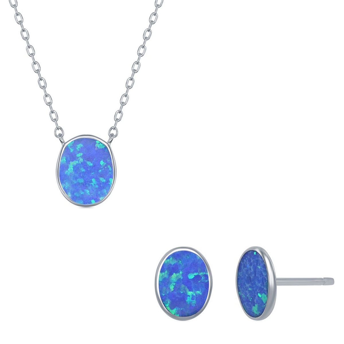 Women's Necklace and Earrings Set - Sterling Blue Inlay Opal Disc | SET-581