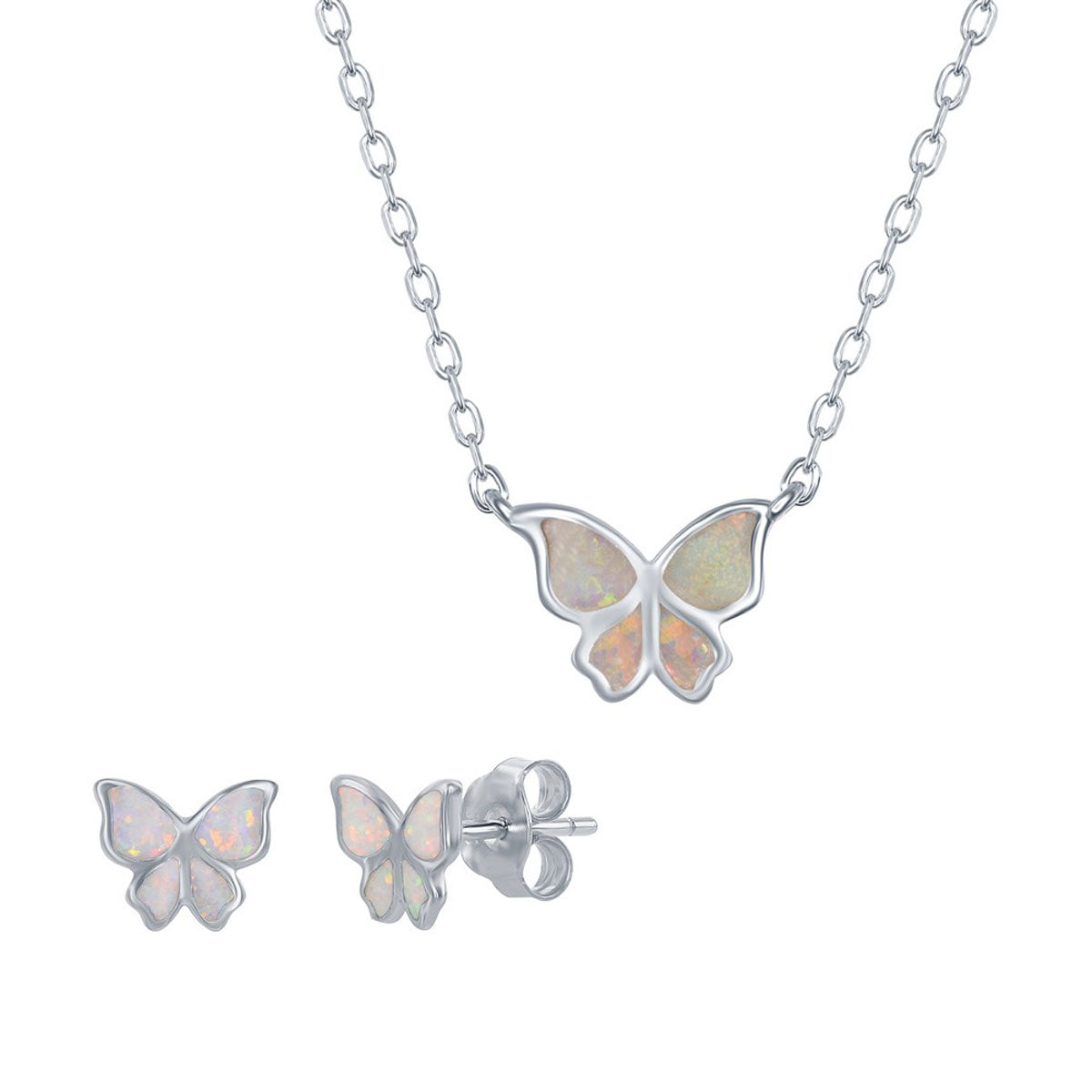 Women's Necklace and Earrings Set - Sterling Silver White Butterfly | SET-586