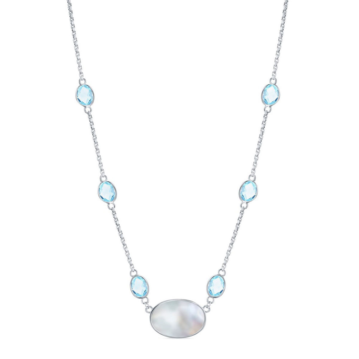 Women's Necklace - Sterling Silver Oval MOP and Round Blue Topaz | SMM-6328