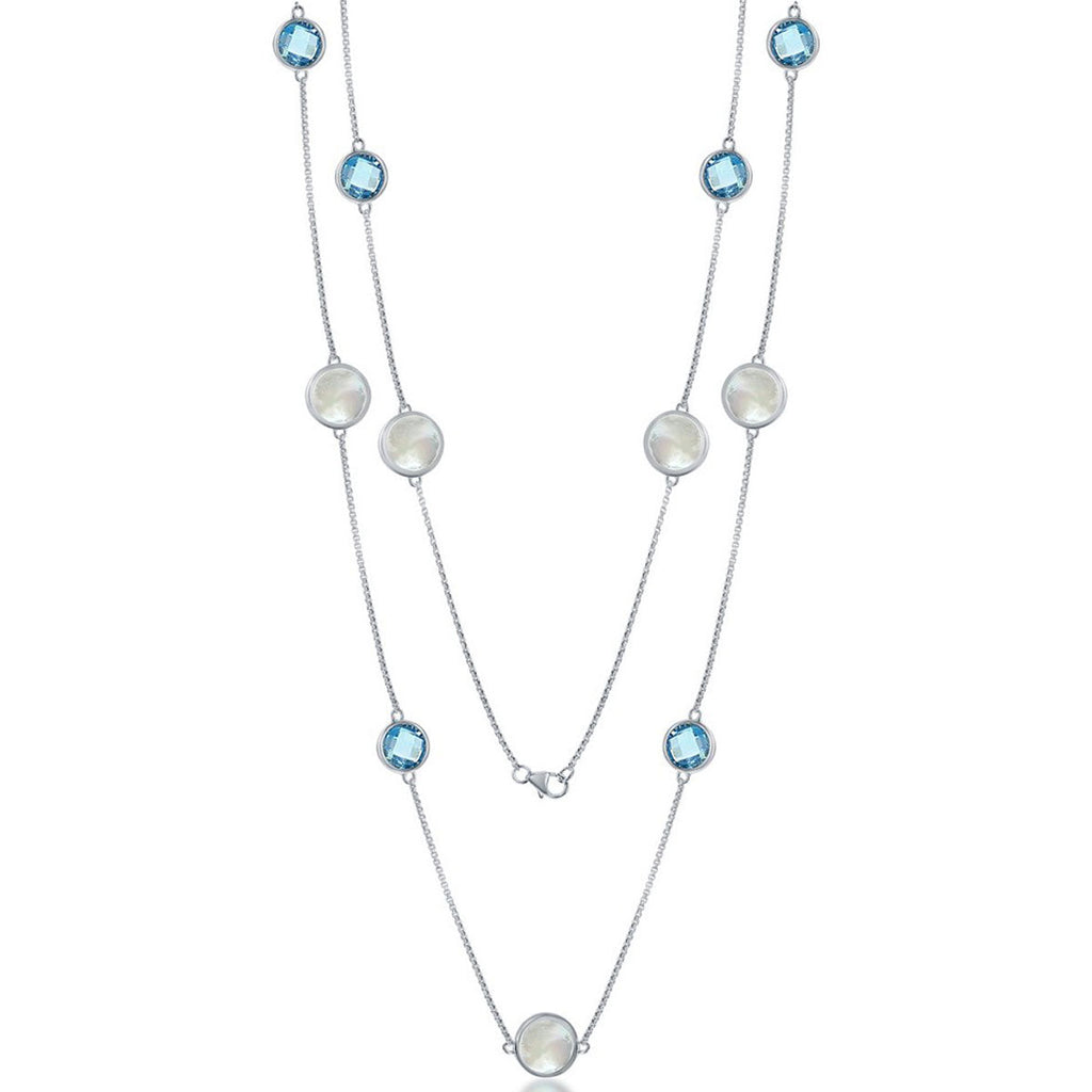 Women's Necklace - Sterling Alternating Round Blue Topaz and MOP | SMM-6934