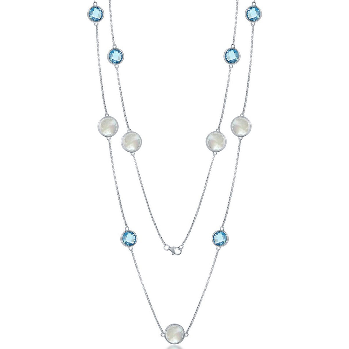 Women's Necklace - Sterling Alternating Round Blue Topaz and MOP | SMM-6934