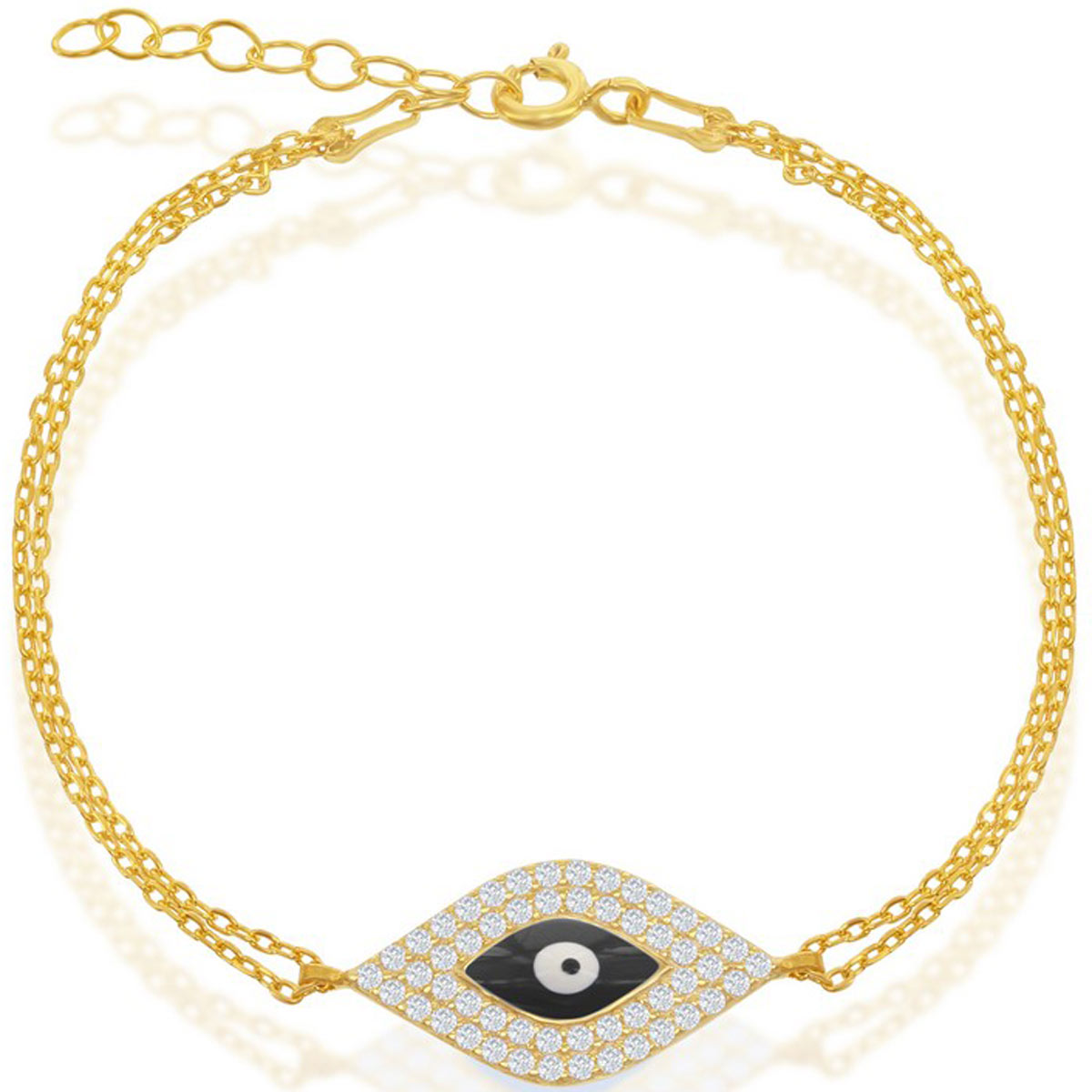 Classic Women's Bracelet - Gold Double-Strand Center CZ and Black Evil Eye| T-5786