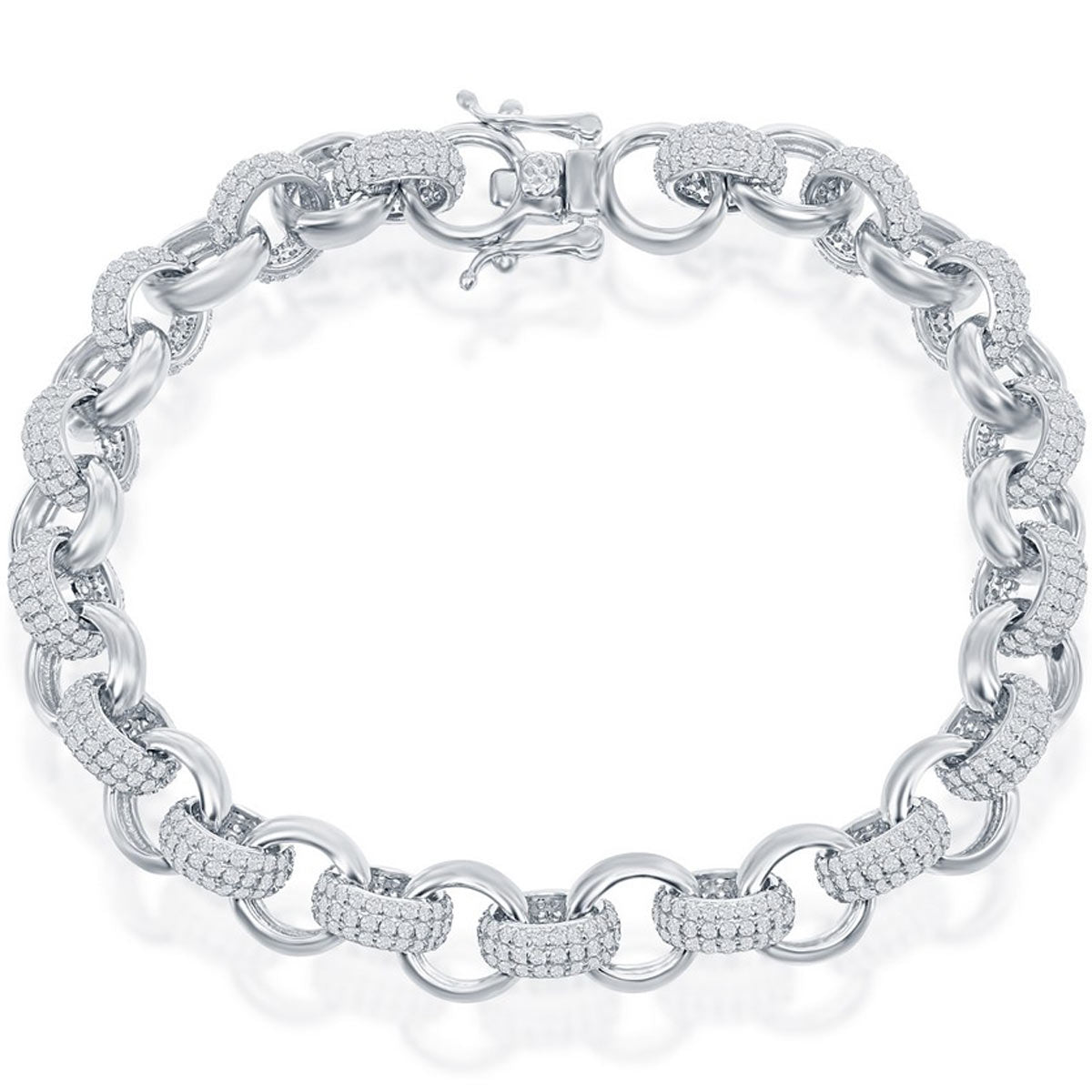 Classic Women's Bracelet - Sterling Silver White CZ and Polished Linked | T-7868