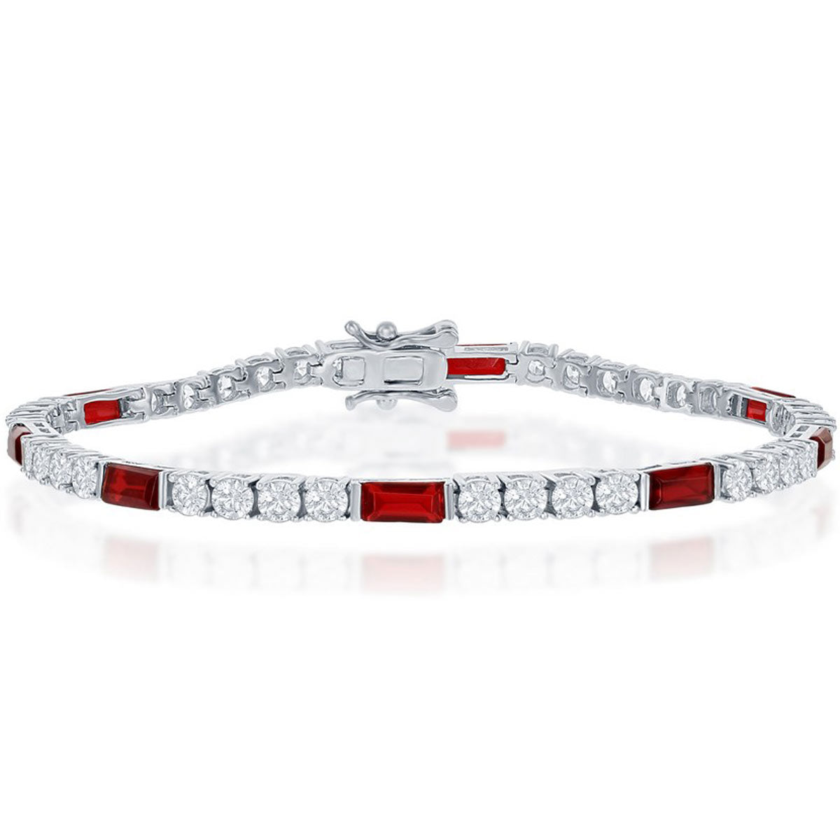 Classic Women's Bracelet - Sterling Silver White and Emerald-Cut Ruby CZ | T-7871