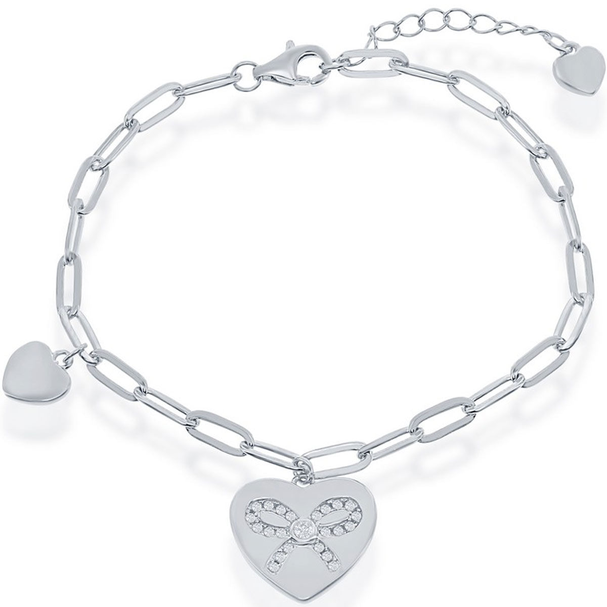 Classic Women's Bracelet - Sterling Silver Heart with CZ Ribbon Paperclip | T-7888