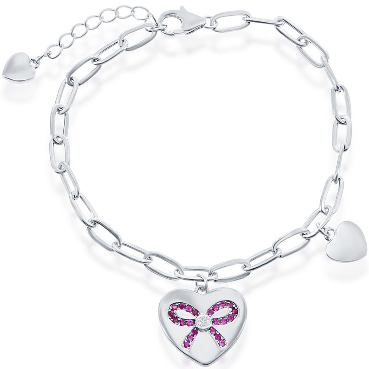 Classic Women's Bracelet - Silver Heart with Red Ruby CZ Ribbon Paperclip | T-7912