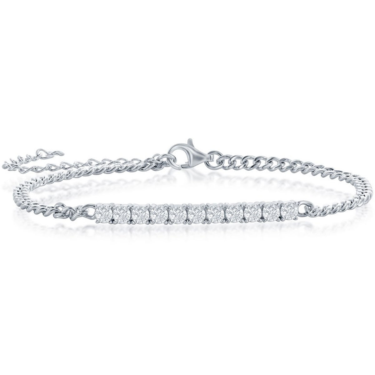 Classic Women's Bracelet - Sterling Silver White CZ ID Bar Curb Chain | T-7961
