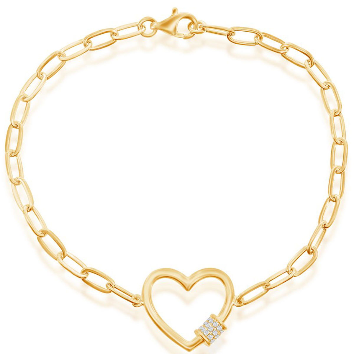 Classic Women's Bracelet - Gold Plated Heart with White CZ Rod Paperclip | T-7965-GP