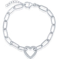 Classic Women's Bracelet - Sterling Silver White CZ Heart Shiny Paperclip | T-7966
