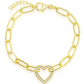 Classic Women's Bracelet - Sterling Silver Gold CZ Heart Paperclip Link | T-7966-GP
