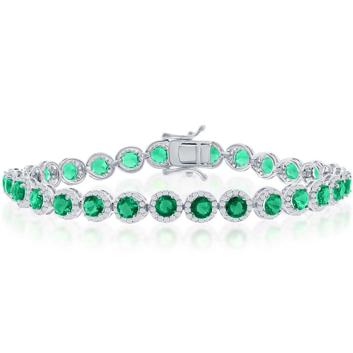 Classic Women's Bracelet - Silver Round Halo White and Emerald CZ Linked | T-7974
