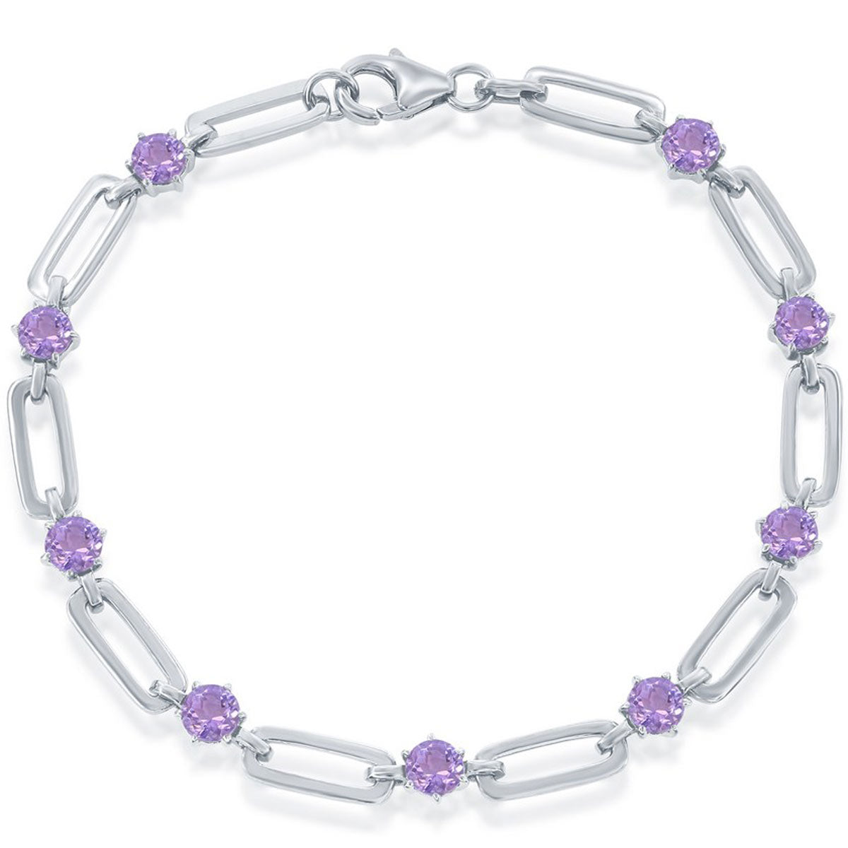 Classic Women's Bracelet - Sterling Silver 4.5mm Round Amethyst Paperclip | T-7994