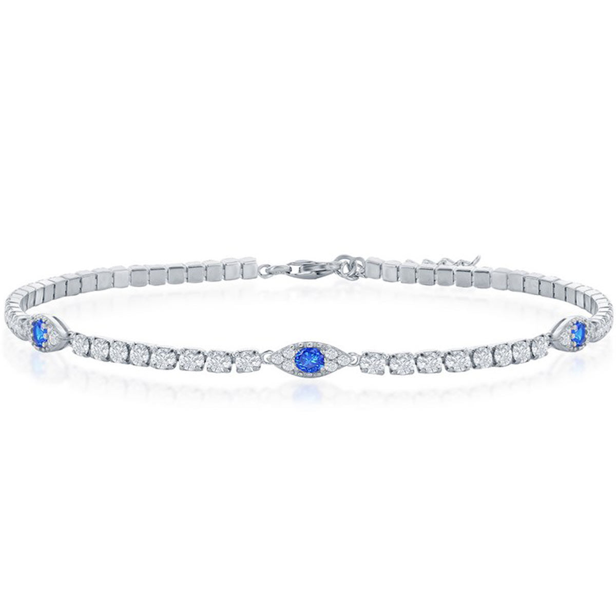 Classic Women's Bracelet - Sterling Silver White and Blue CZ Evil Eye Tennis | T-8002