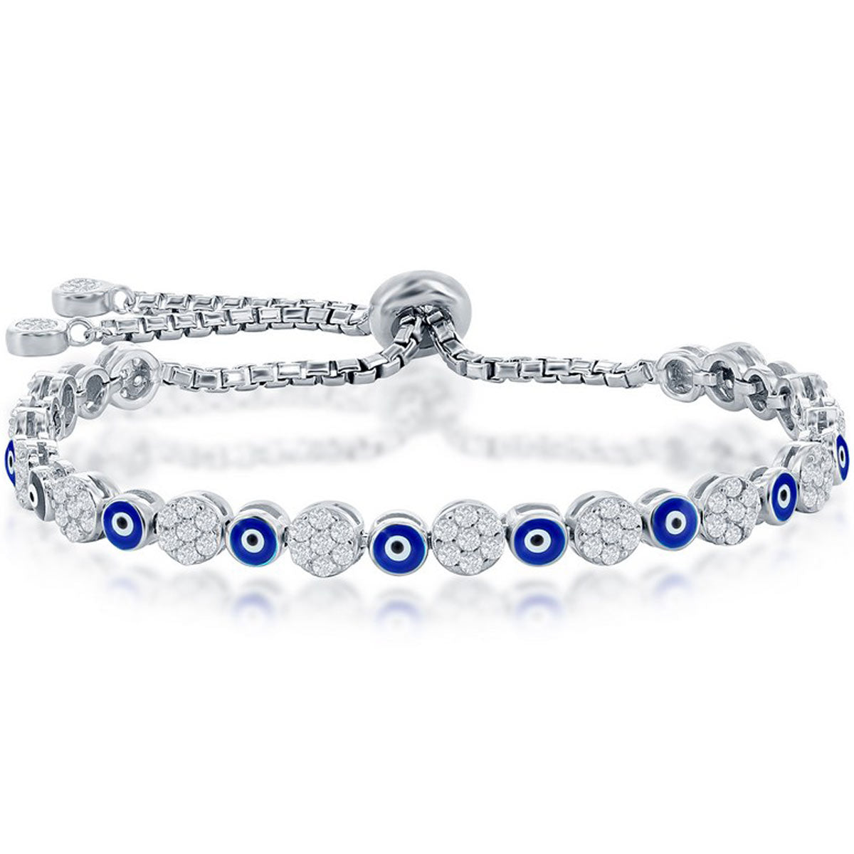 Classic Women's Bracelet - Alternating CZ and Navy Enamel Evil Eye Bolo | T-8063
