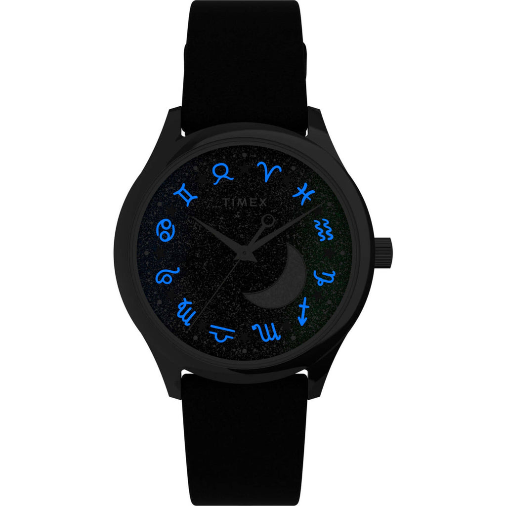 Timex Women's Watch - Celestial Blue Glitter Dial Black Leather Strap | TW2V49200