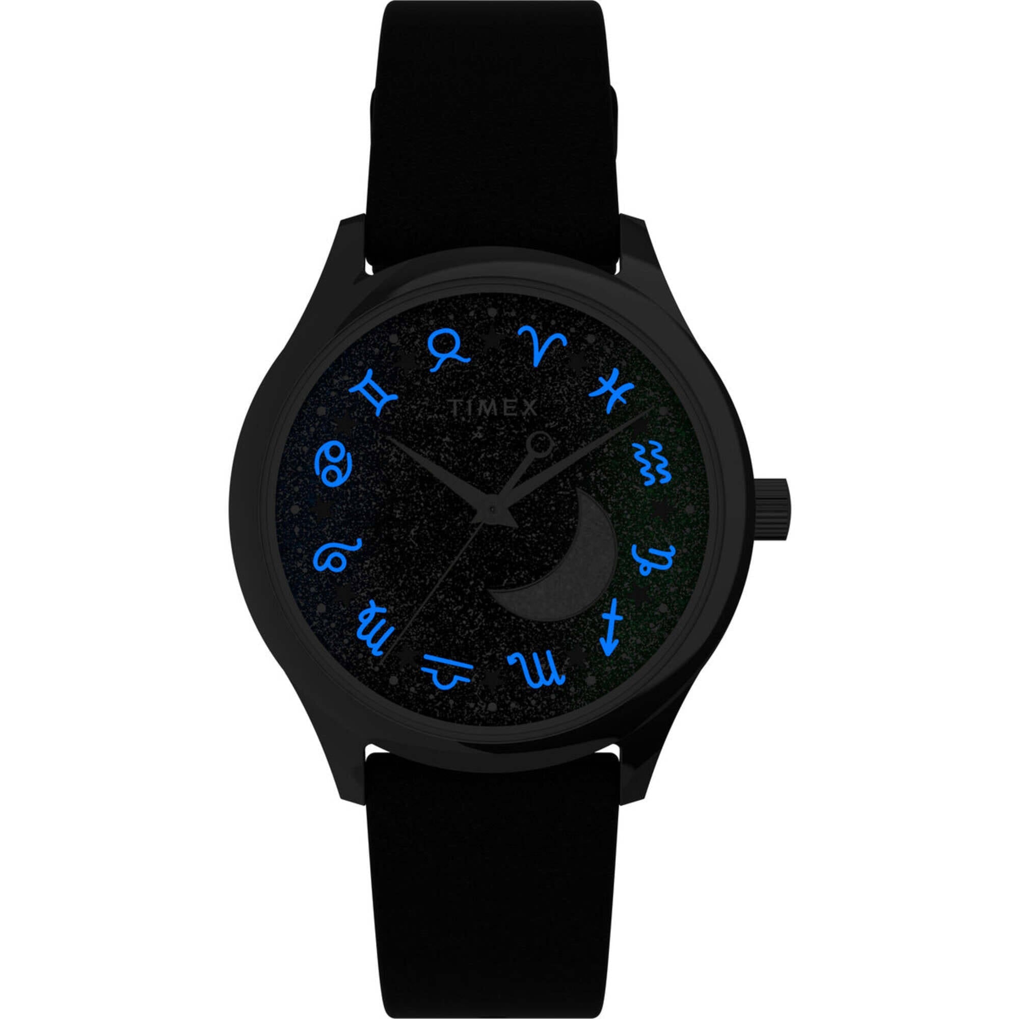 Timex Women's Watch - Celestial Blue Glitter Dial Black Leather Strap | TW2V49200