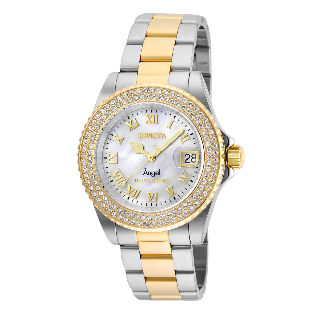 Invicta 24616 Women's Angel Crystal Accented Bezel White MOP Dial Two Tone Steel Dive Watch