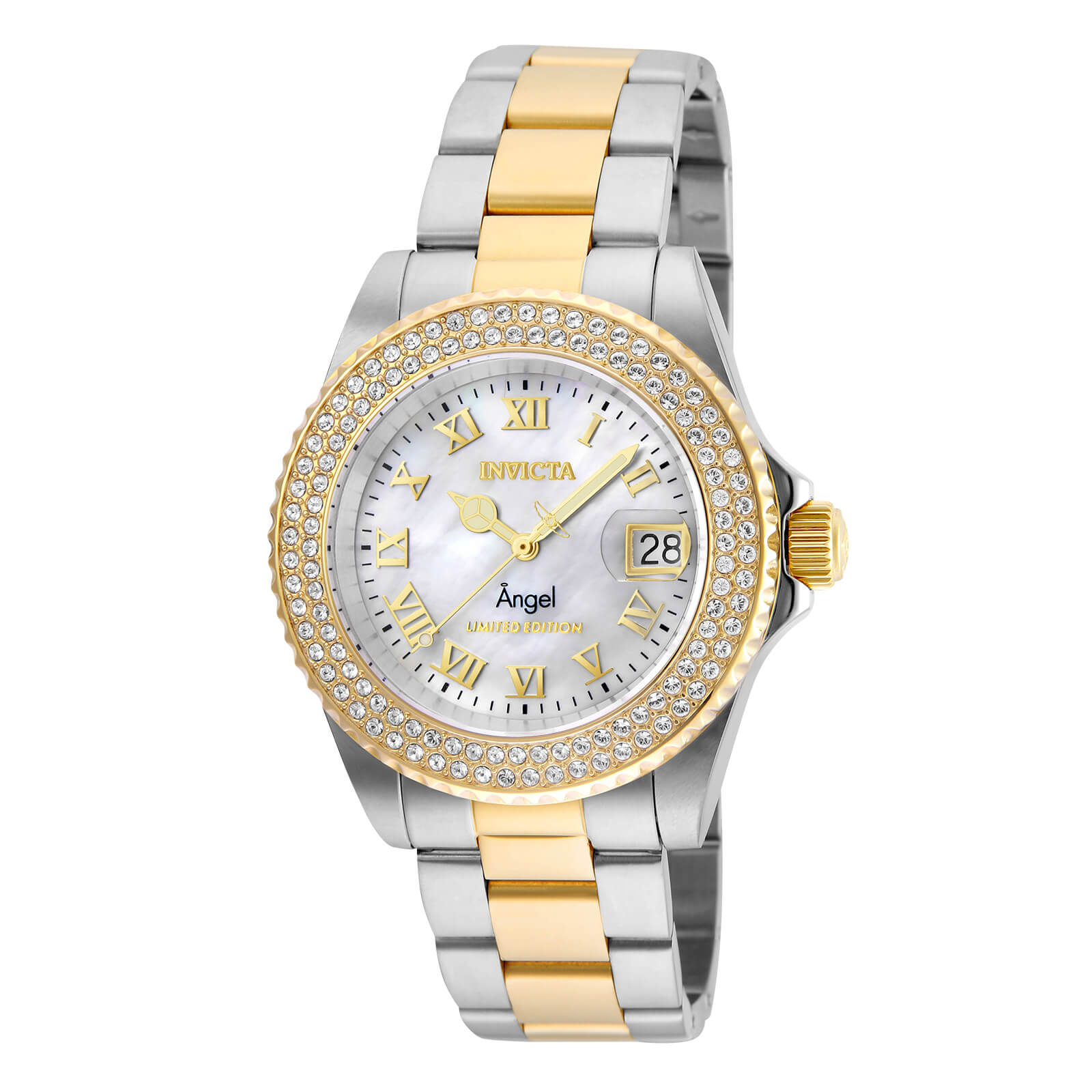 Invicta 24616 Women's Angel Crystal Accented Bezel White MOP Dial Two Tone Steel Dive Watch